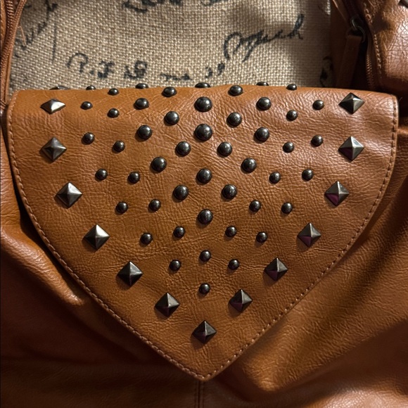 Studded Edgy Brown Vegan Leather Handbag - Picture 2 of 9
